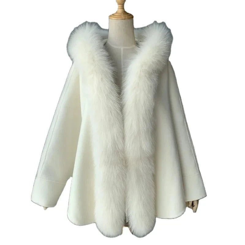 Women genuine wool fur coat winter female lady blet elegant fox fur collar jacket overcsize cape CK001