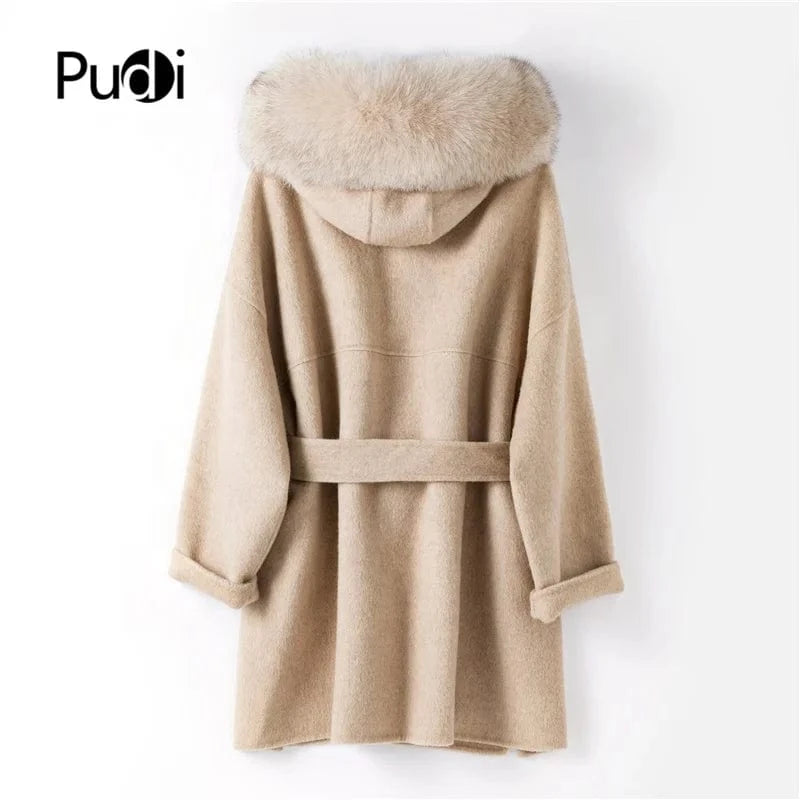 women genuine wool fur coat winter female lady elegant fox fur collar hooded long jacket overcoat trench plus size TX205602
