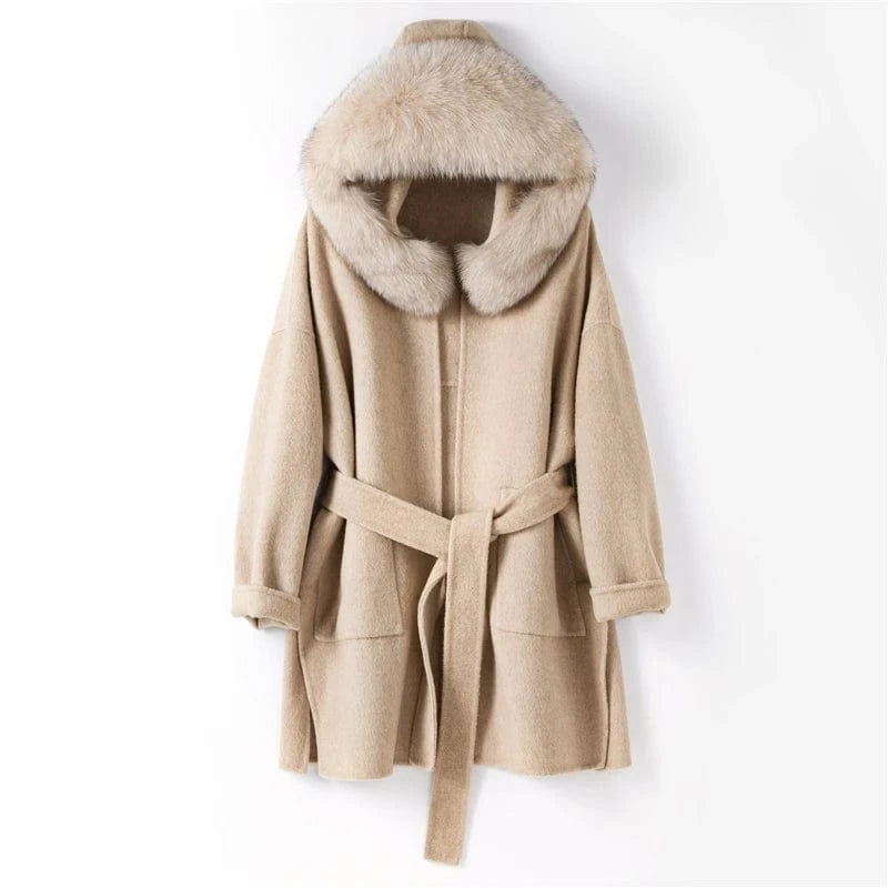 women genuine wool fur coat winter female lady elegant fox fur collar hooded long jacket overcoat trench plus size TX205602