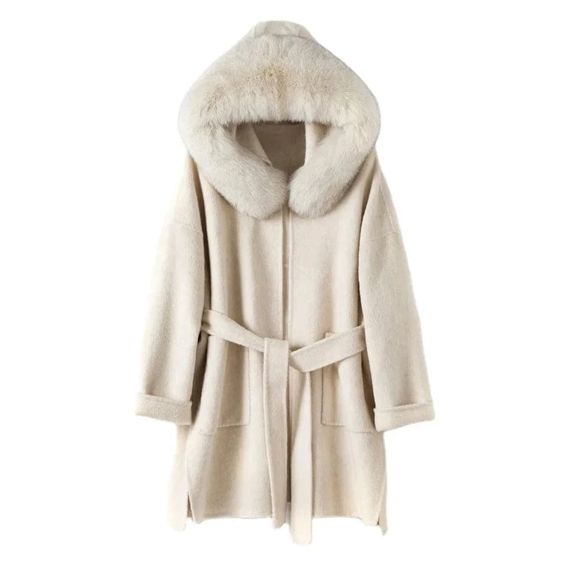 women genuine wool fur coat winter female lady elegant fox fur collar hooded long jacket overcoat trench plus size TX205602