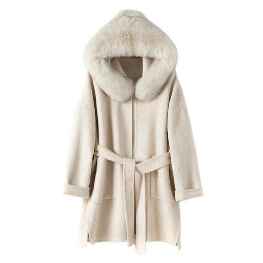 women genuine wool fur coat winter female lady elegant fox fur collar hooded long jacket overcoat trench plus size TX205602