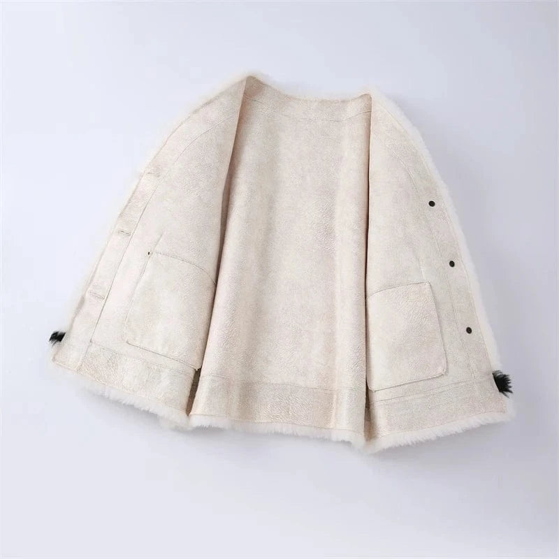 Women Genuine Wool Fur Warm Coat 2023 New Female Polyester Lining Winter Casual Overcoat H23262