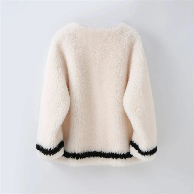 Women Genuine Wool Fur Warm Coat 2023 New Female Polyester Lining Winter Casual Overcoat H23262