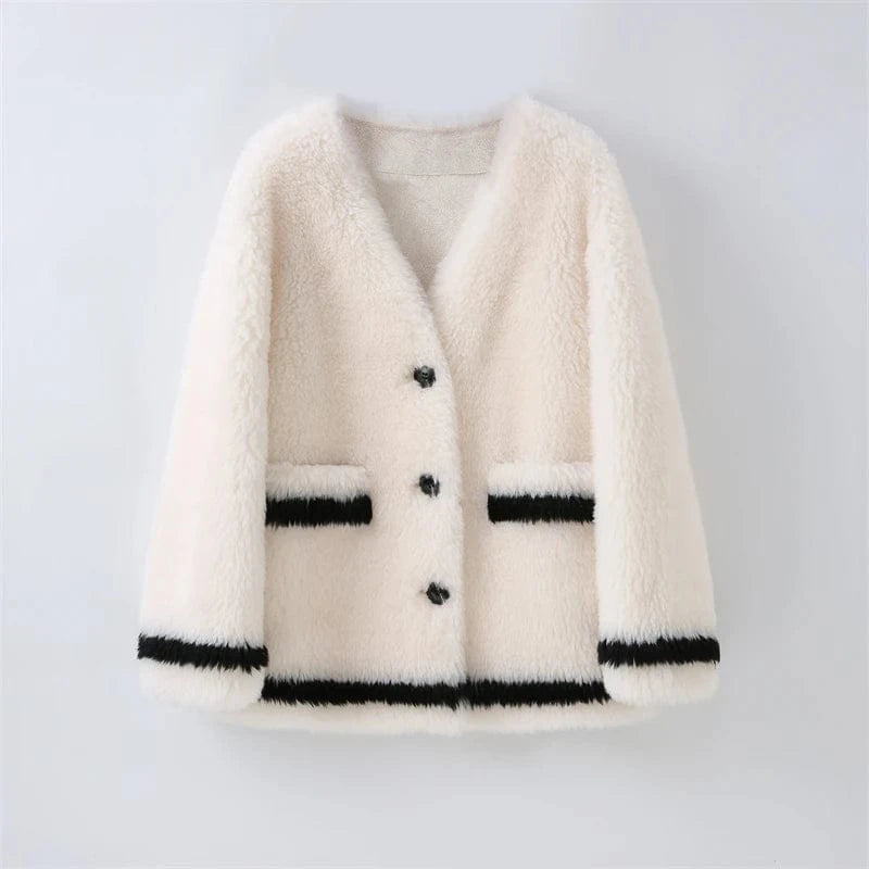 Women Genuine Wool Fur Warm Coat 2023 New Female Polyester Lining Winter Casual Overcoat H23262