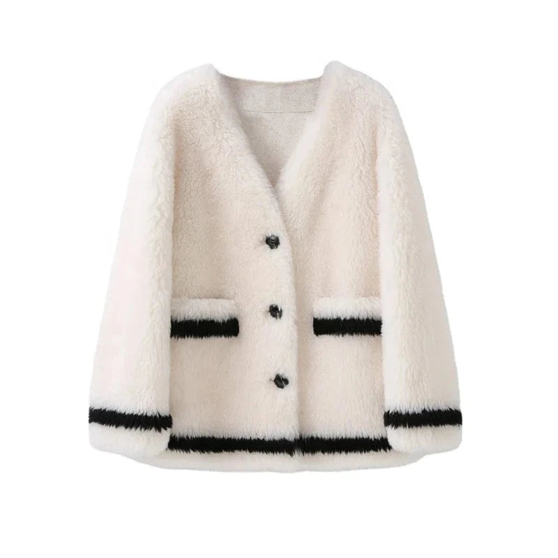 Women Genuine Wool Fur Warm Coat 2023 New Female Polyester Lining Winter Casual Overcoat H23262