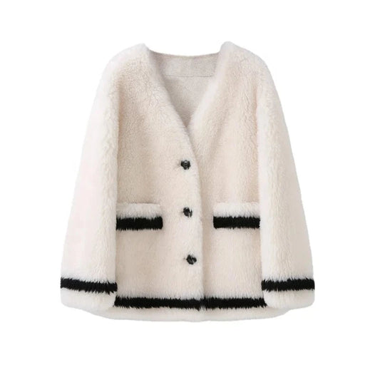 Women Genuine Wool Fur Warm Coat 2023 New Female Polyester Lining Winter Casual Overcoat H23262