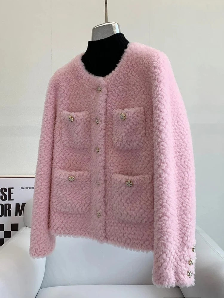 Women Girl Lamb Wool Fur Elegant Short Coats Female Sheep Shearling Winter Youth Jacket Overcoat JT3275