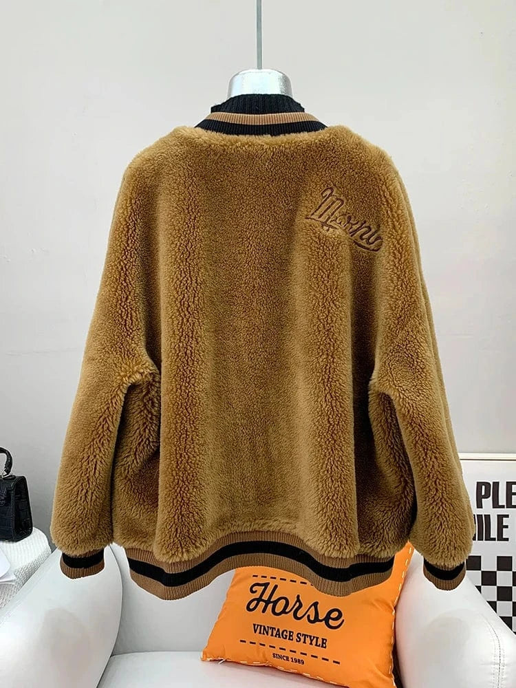 Women Girl Real Wool Fur Round Collar Coa Female Lady Sheep Shearling Baseball Jacket Warm Overcoat JT3263