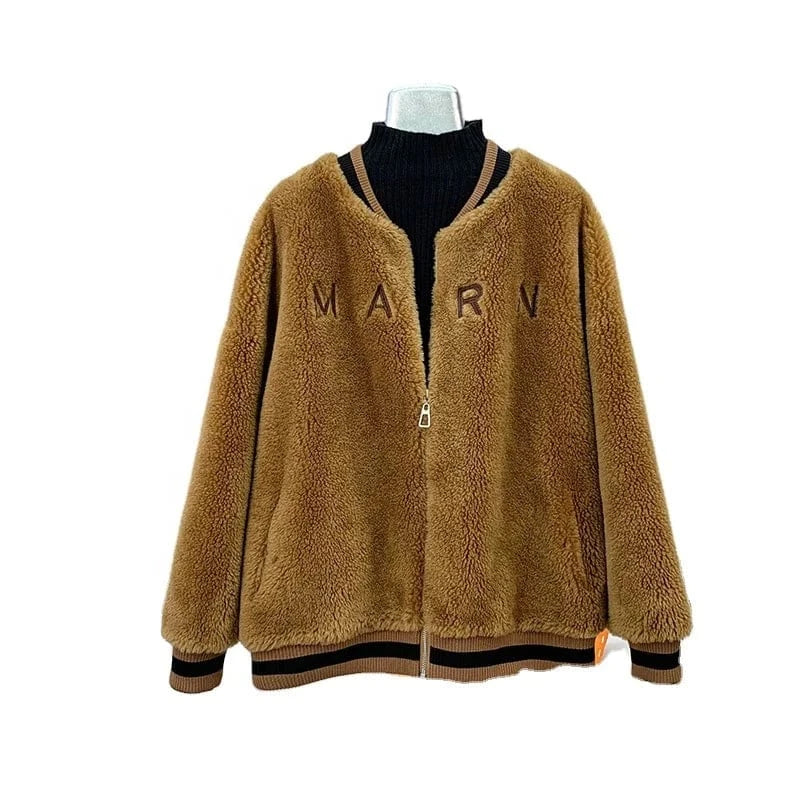 Women Girl Real Wool Fur Round Collar Coa Female Lady Sheep Shearling Baseball Jacket Warm Overcoat JT3263