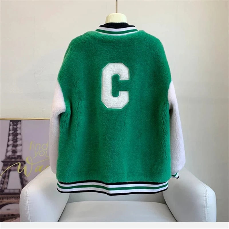 Women Girl Sheep Shearling Baseball Warm Coats Female Lady Lamb Wool Fur Jacket Winter Overcoat JT3276