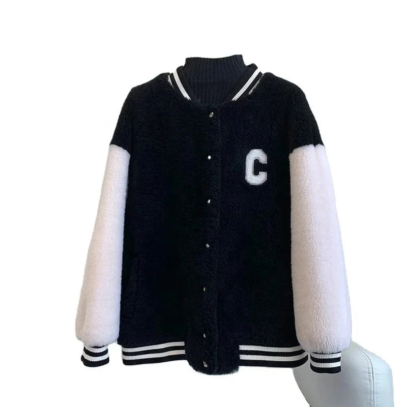Women Girl Sheep Shearling Baseball Warm Coats Female Lady Lamb Wool Fur Jacket Winter Overcoat JT3276