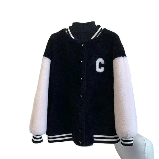 Women Girl Sheep Shearling Baseball Warm Coats Female Lady Lamb Wool Fur Jacket Winter Overcoat JT3276