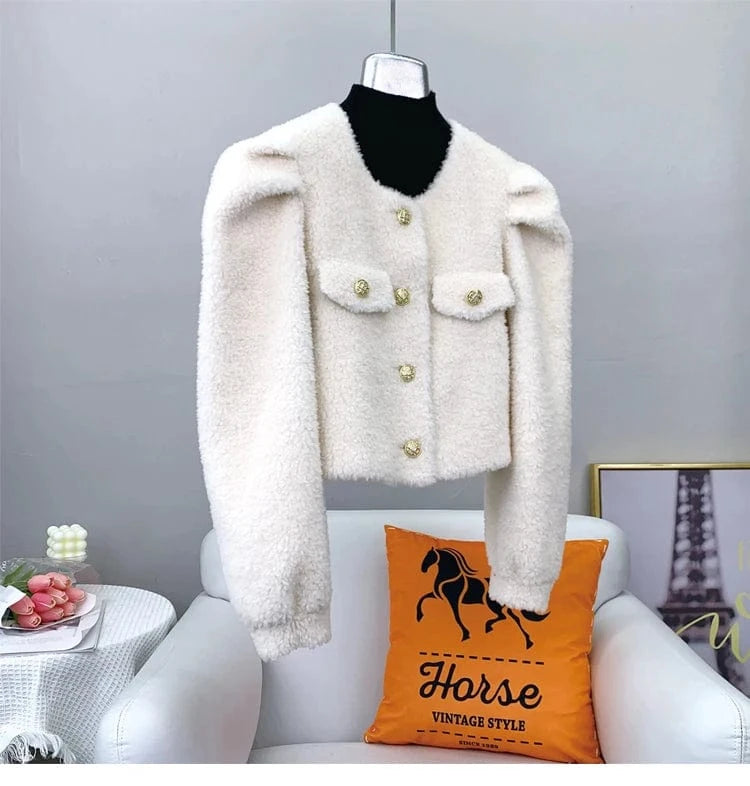 Women Girl Sheep Shearling Warm Short Fashion Coat Female Lamb Wool Fur Winter Parka Overcoat JT3197