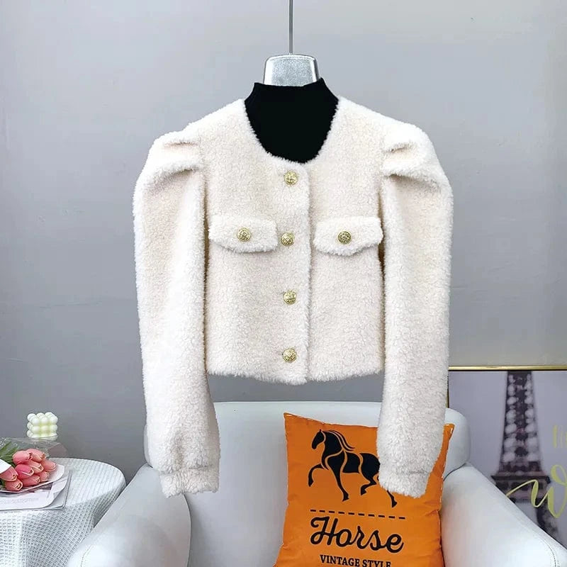 Women Girl Sheep Shearling Warm Short Fashion Coat Female Lamb Wool Fur Winter Parka Overcoat JT3197