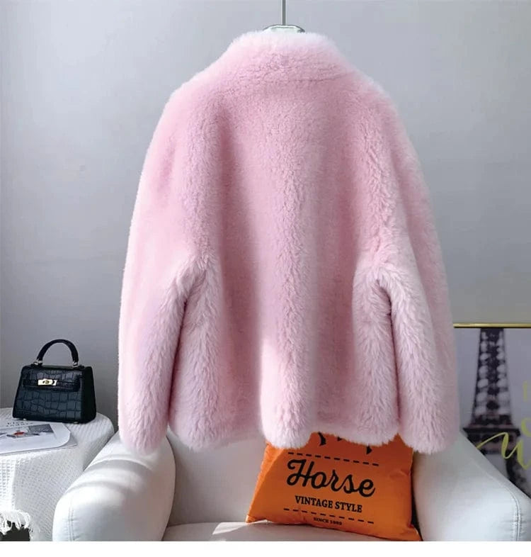 Women Girl Warm Sheep Shearling Coat Female Lamb Wool Fur Winter Parka Fashion Jacket Overcoat JT3199