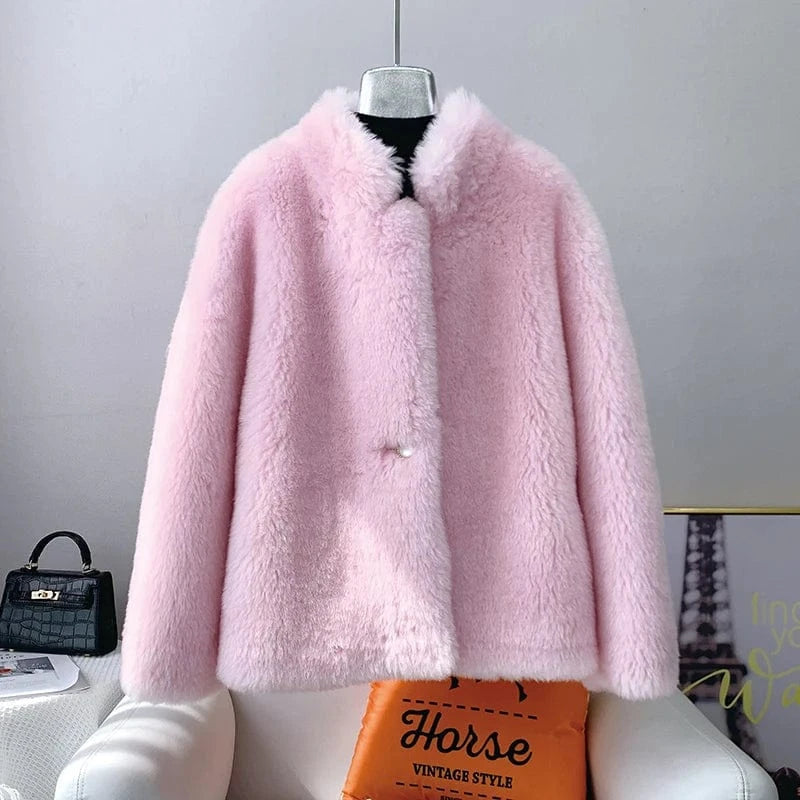 Women Girl Warm Sheep Shearling Coat Female Lamb Wool Fur Winter Parka Fashion Jacket Overcoat JT3199