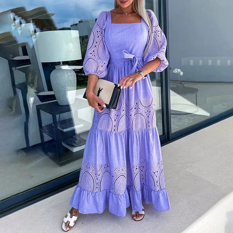 Women Half Puff Sleeve Square Neck Lace Hollow Out Bohemian Maxi Dress Vintage Patchwork Lady Dresses