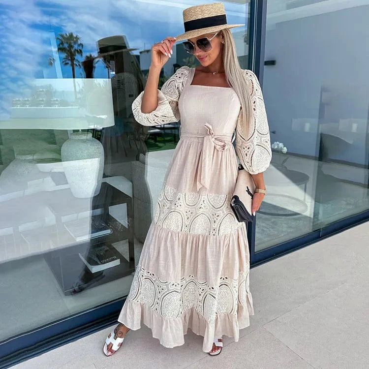 Women Half Puff Sleeve Square Neck Lace Hollow Out Bohemian Maxi Dress Vintage Patchwork Lady Dresses