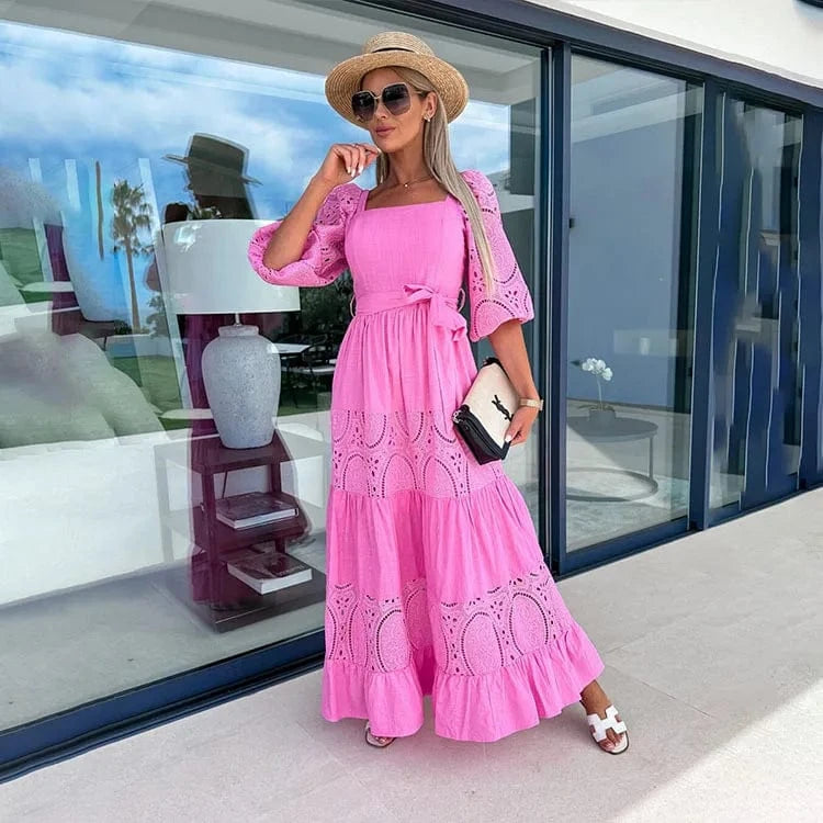 Women Half Puff Sleeve Square Neck Lace Hollow Out Bohemian Maxi Dress Vintage Patchwork Lady Dresses