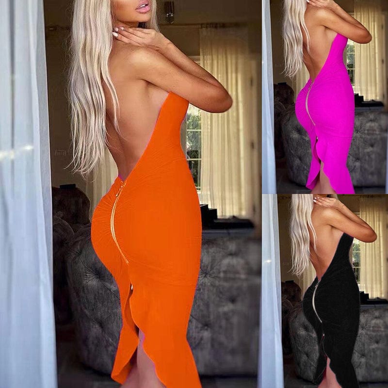 Women Halter Stretch Bodycon Midi Dress Party Wear Backless Ruffle Bandage Vestido