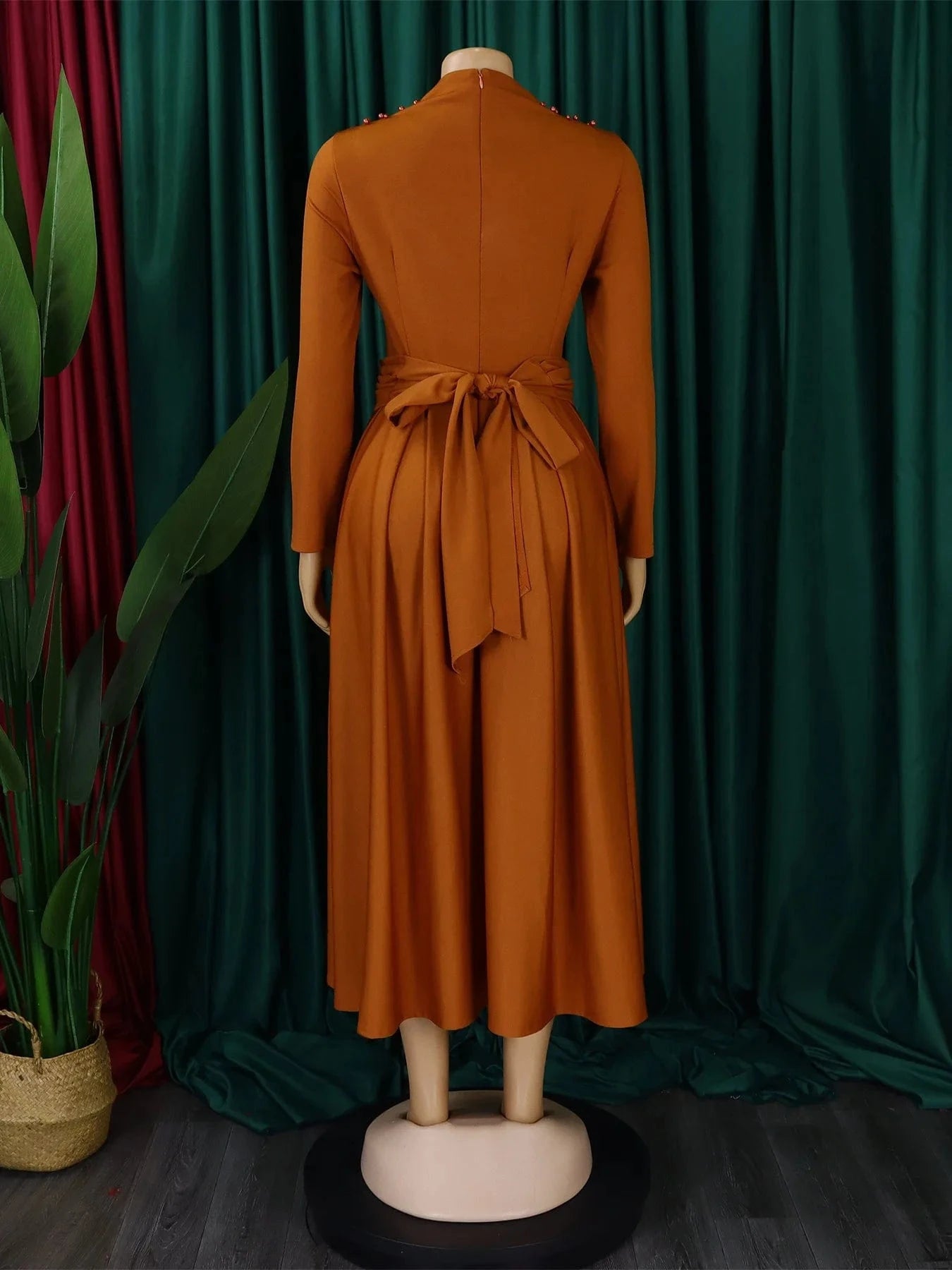 Women High Neck Elegant Beaded Gown With A Full Swing Waist Office Ladies Dress For Business Dress