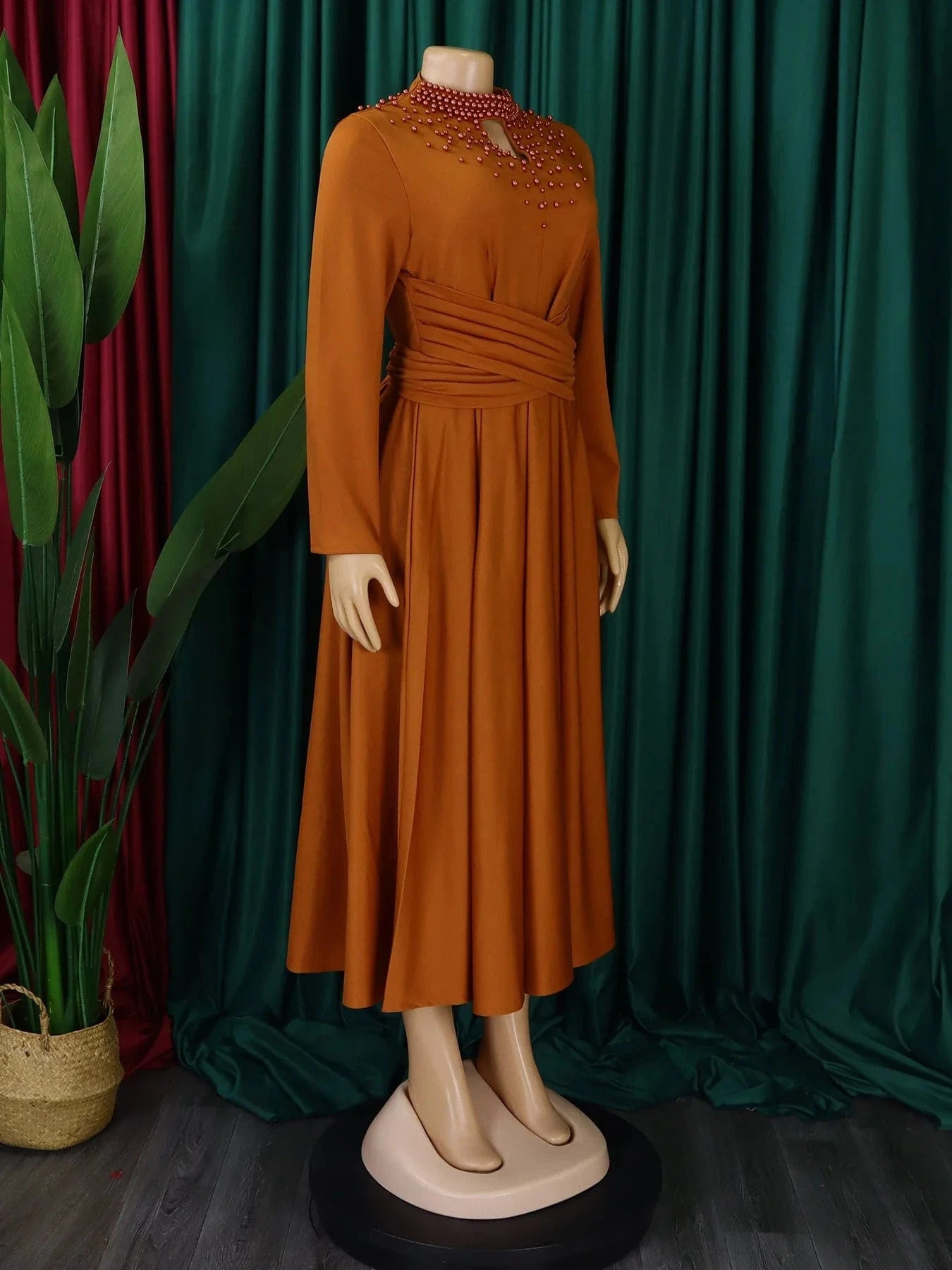 Women High Neck Elegant Beaded Gown With A Full Swing Waist Office Ladies Dress For Business Dress