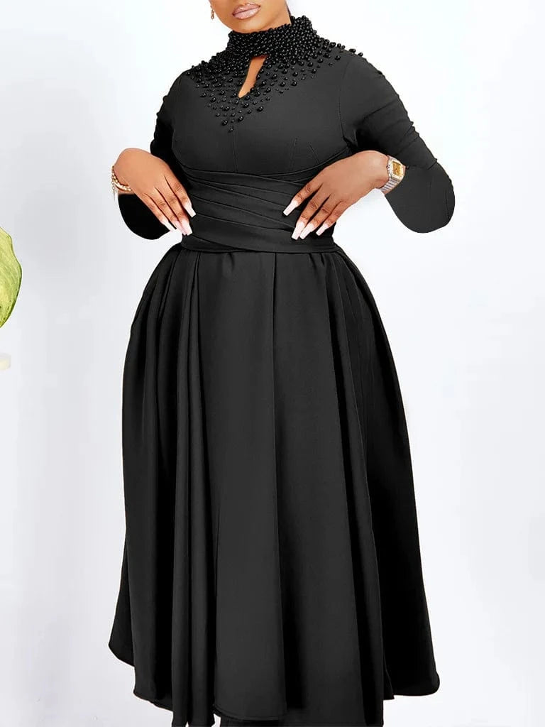 Women High Neck Elegant Beaded Gown With A Full Swing Waist Office Ladies Dress For Business Dress