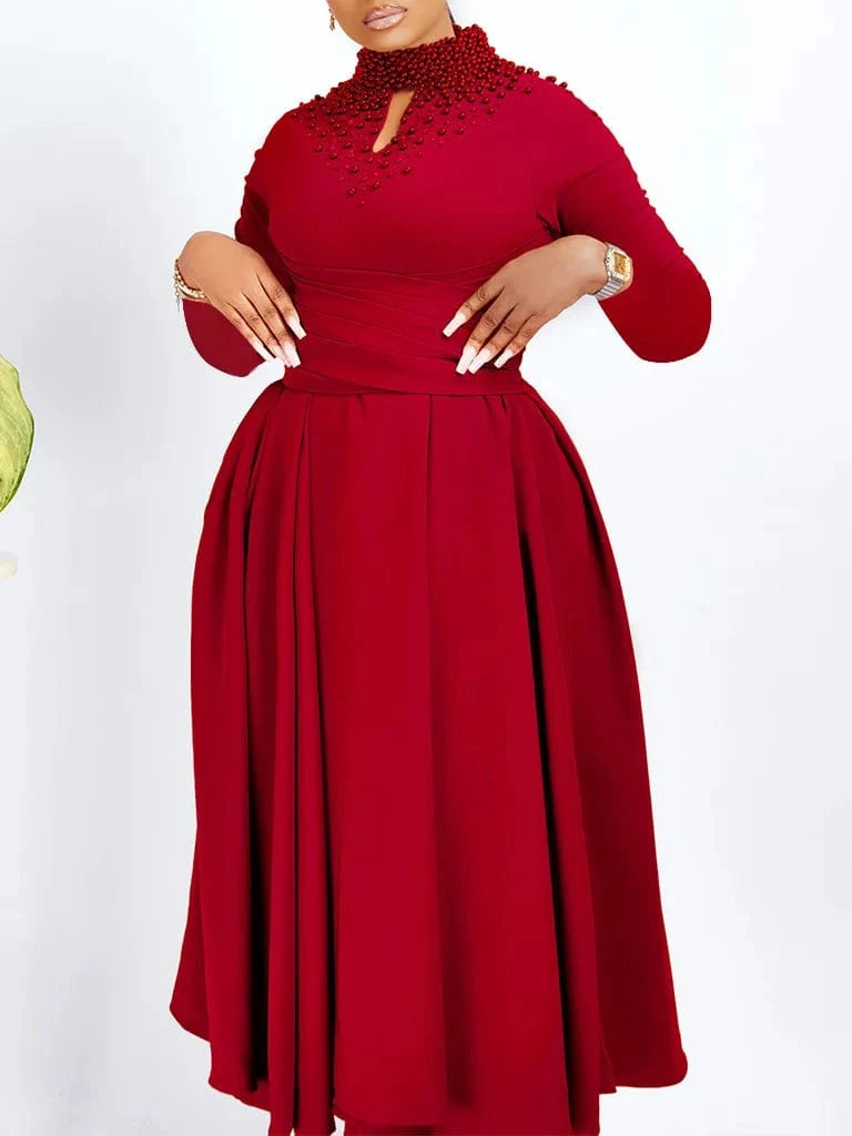 Women High Neck Elegant Beaded Gown With A Full Swing Waist Office Ladies Dress For Business Dress