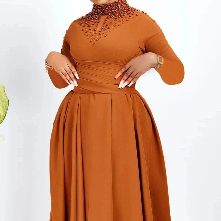 Women High Neck Elegant Beaded Gown With A Full Swing Waist Office Ladies Dress For Business Dress