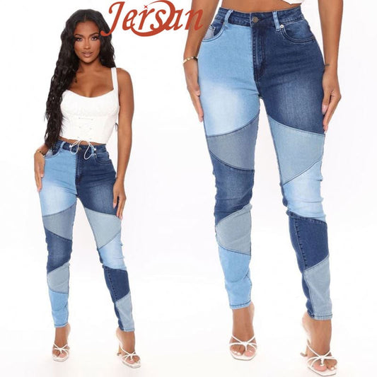 Women High Waist Mom Spandex Jeans pants Streetwear Vintage Patchwork Skinny Pants Autumn Fashion Pencil Denim Trousers Y2k