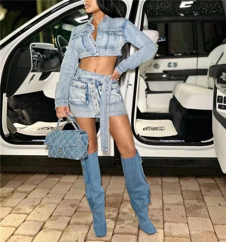 Women Jeans Cargo Two Piece Set Turn Down Collar Long Sleeve Single Breasted Crop Jackets Top Pockets Belt Mini Skirts Suits