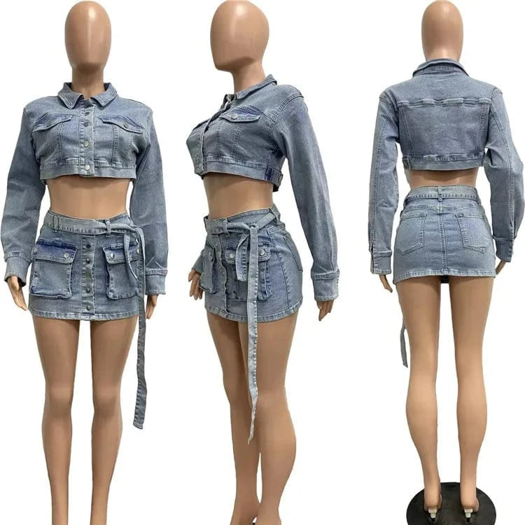 Women Jeans Cargo Two Piece Set Turn Down Collar Long Sleeve Single Breasted Crop Jackets Top Pockets Belt Mini Skirts Suits