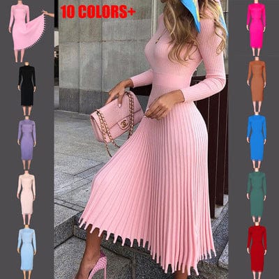 Women Knitted Long Dress Autumn Winter Slim Sleeve Ladies Dresses Elegant Party Female Sweater Dress 10 colors Coldker