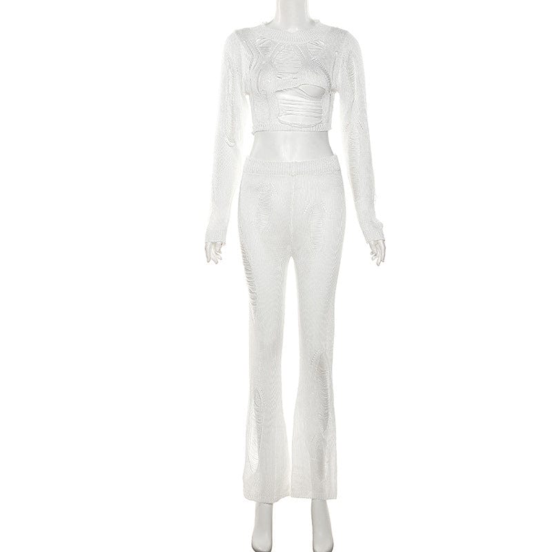 Women Knitted Outfits Autumn Hollow out 2 Piece Set Women Set Soild Crop top Two  Piece Set with Flare Pants