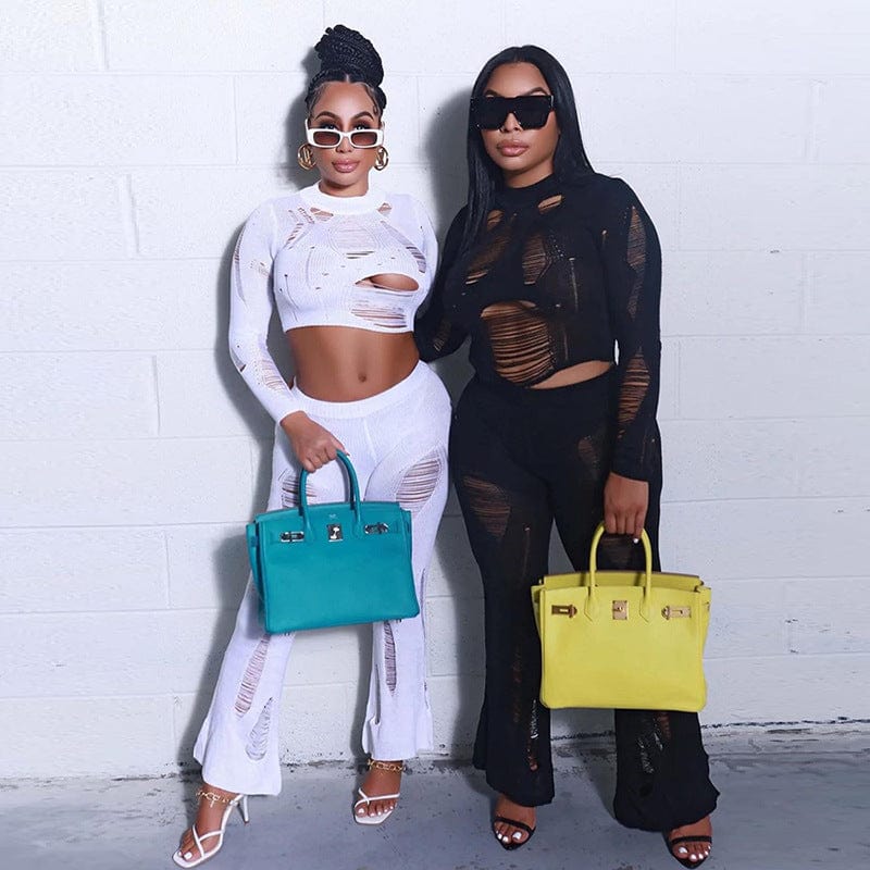 Women Knitted Outfits Autumn Hollow out 2 Piece Set Women Set Soild Crop top Two  Piece Set with Flare Pants