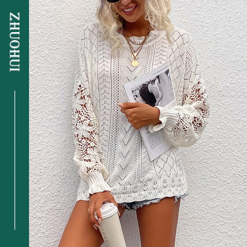 Women Lace Crochet Long Sleeve Crewneck Sweaters Winter Knit Pullover Jumper Tops