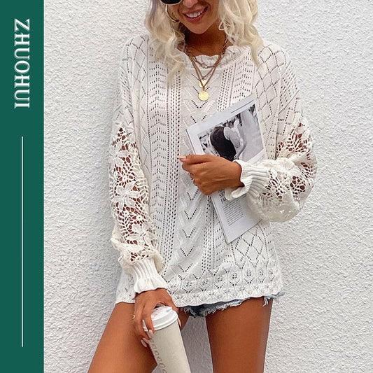 Women Lace Crochet Long Sleeve Crewneck Sweaters Winter Knit Pullover Jumper Tops