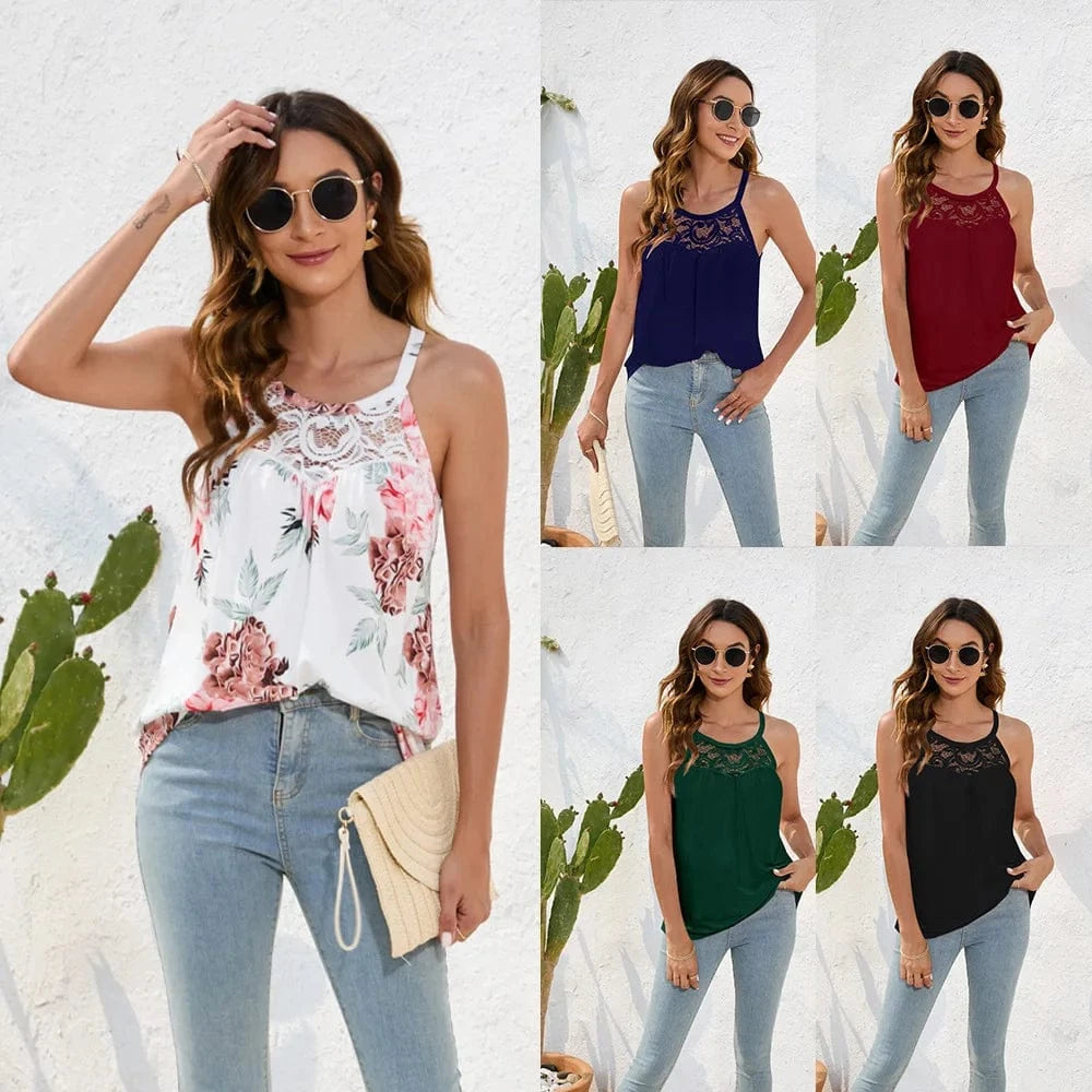 Women Lace  Floral Print Suspenders Casual Loose Tank Top Sexy Solid Color Elegant Top For women
