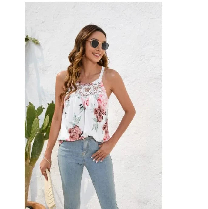 Women Lace  Floral Print Suspenders Casual Loose Tank Top Sexy Solid Color Elegant Top For women