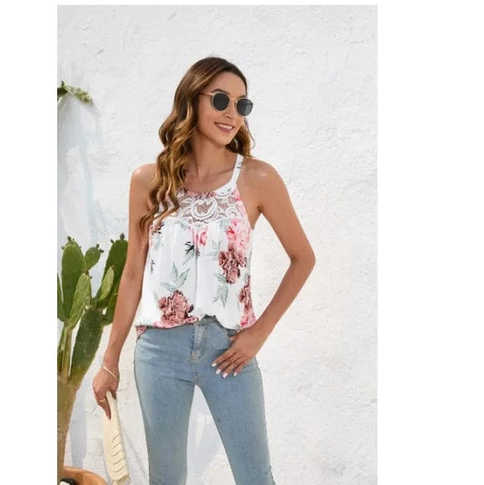 Women Lace  Floral Print Suspenders Casual Loose Tank Top Sexy Solid Color Elegant Top For women
