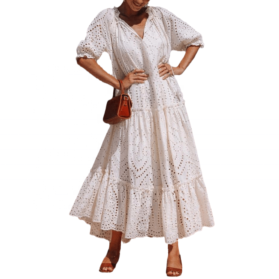 Women Lady Elegant Summer Vestidos Largos Casuales Cotton V Neck  Loose Womens Casual Maxi  Dress With Sleeves