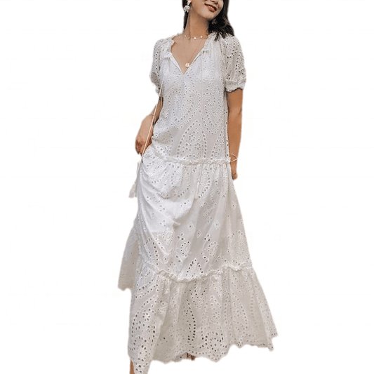 Women Lady Elegant Summer Vestidos Largos Casuales Cotton V Neck  Loose Womens Casual Maxi  Dress With Sleeves