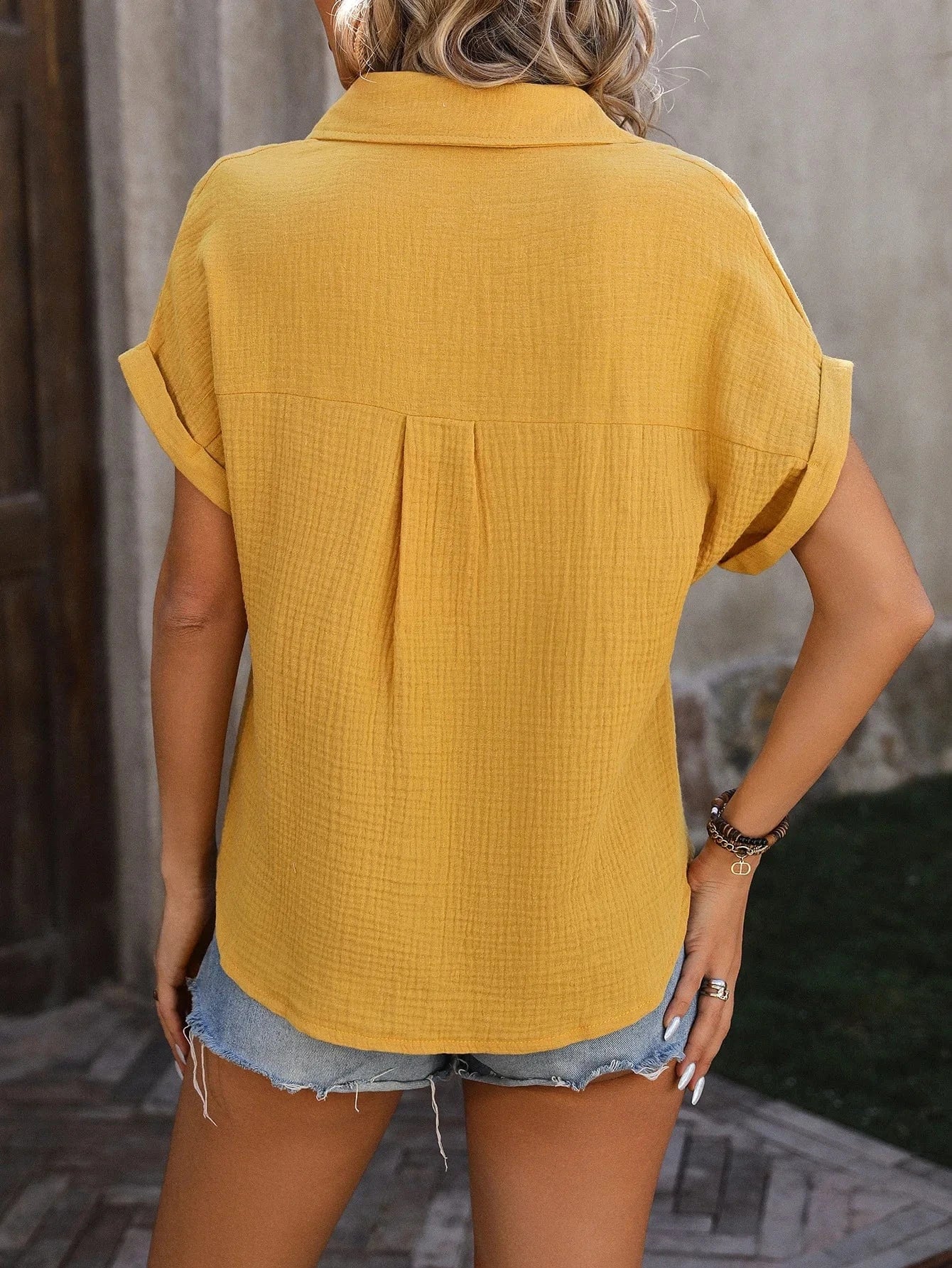 Women Lady Girls Loose Short Sleeve Shirt  Hot Sale  Slim Spring Summer Elegant  Pocket Casual Crinkle Blouse Commuting  Shirt