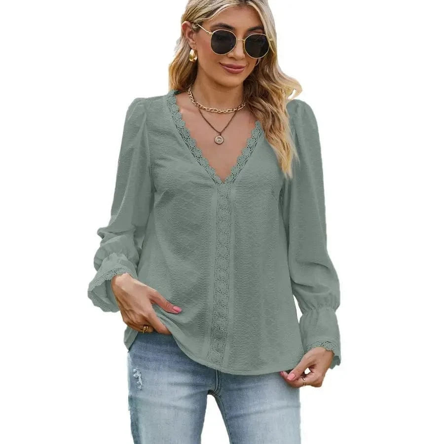 Women Lady Girls V-neck Lace Patchwork Long Sleeve Women's 2024 Hot Sale  Spring Summer Autumn Elegant Casual Shirt