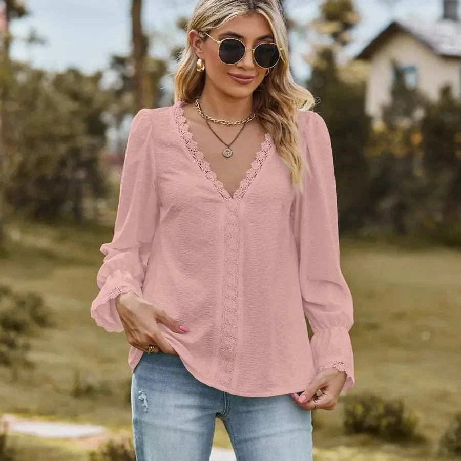 Women Lady Girls V-neck Lace Patchwork Long Sleeve Women's 2024 Hot Sale  Spring Summer Autumn Elegant Casual Shirt