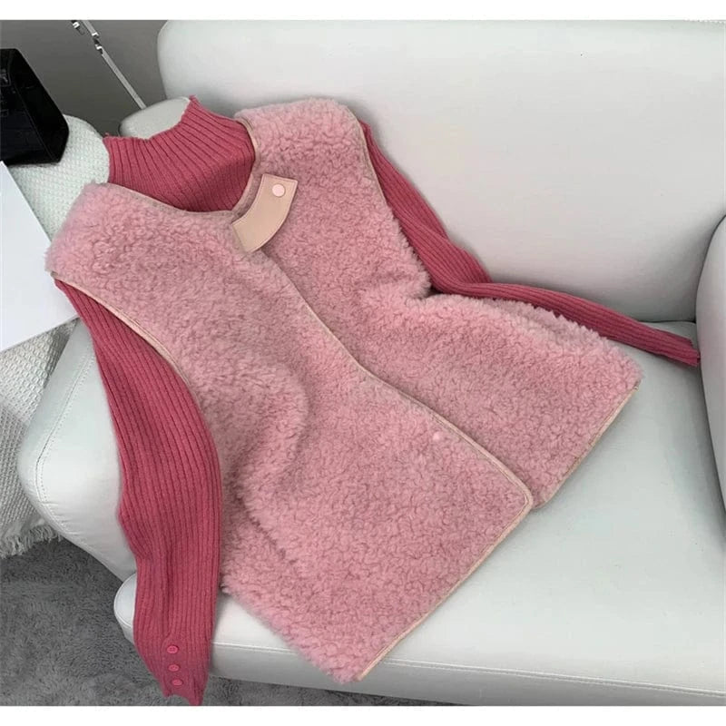 Women Lady Lamb Wool Fur Winter Vest Coat Female Girl Warm Sheep Shearling Waistcoat JT3269