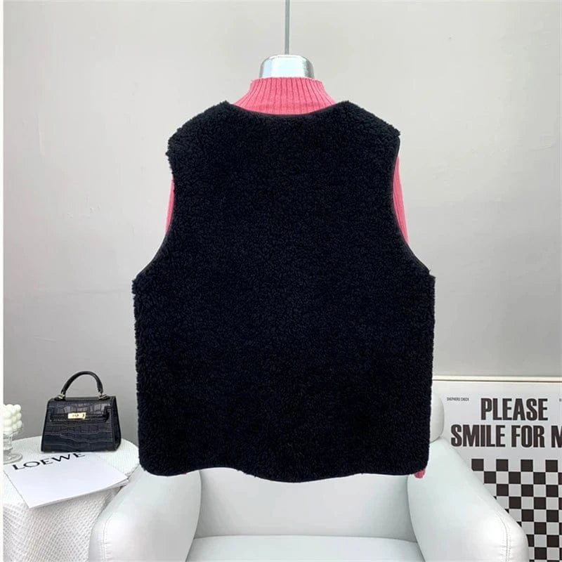 Women Lady Lamb Wool Fur Winter Vest Coat Female Girl Warm Sheep Shearling Waistcoat JT3269