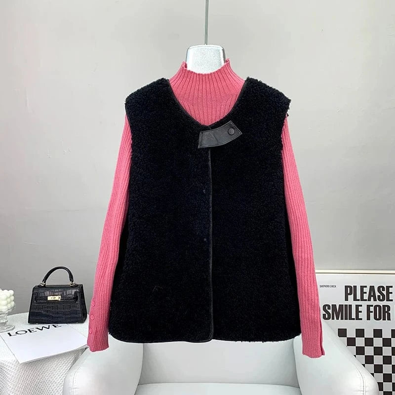 Women Lady Lamb Wool Fur Winter Vest Coat Female Girl Warm Sheep Shearling Waistcoat JT3269