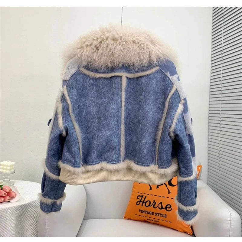 Women Lady Rabbit Fur Winter Coats Female Girl Lamb Wool Collar Warm Short Jacket Luxury Overcoat JT3261