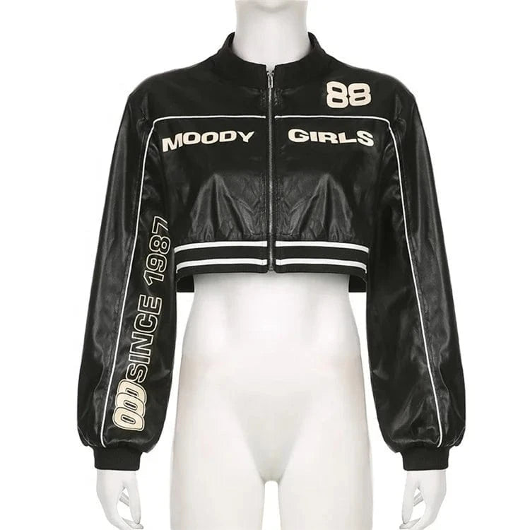 Women Leather Jacket Letter Fashion Zip Up Racing PU Crop Top High Street Gothic Slim Coat